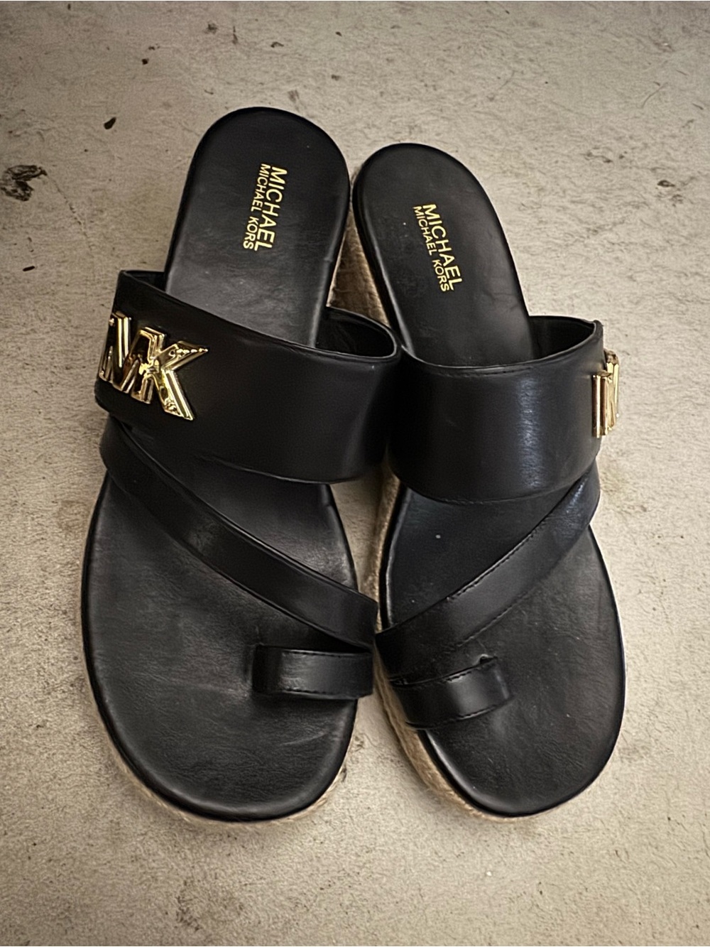 Michael Kors Black Leather Slide Sandals with Gold MK Accent Wedges - Picture 2 of 5
